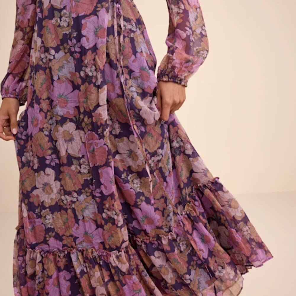 Lulus Feeling Sweet Purple Floral Print Long Sleeve Wrap Maxi Dress - Size S - Picture 5 of 6